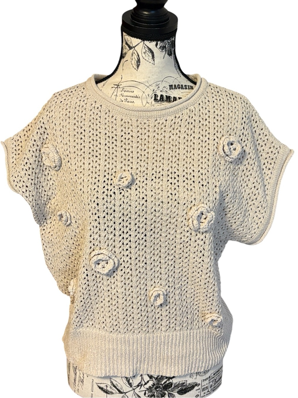 Greige Metallic Open-Knit Sweater Vest 3D Floral Applique Cream Size M NWOT